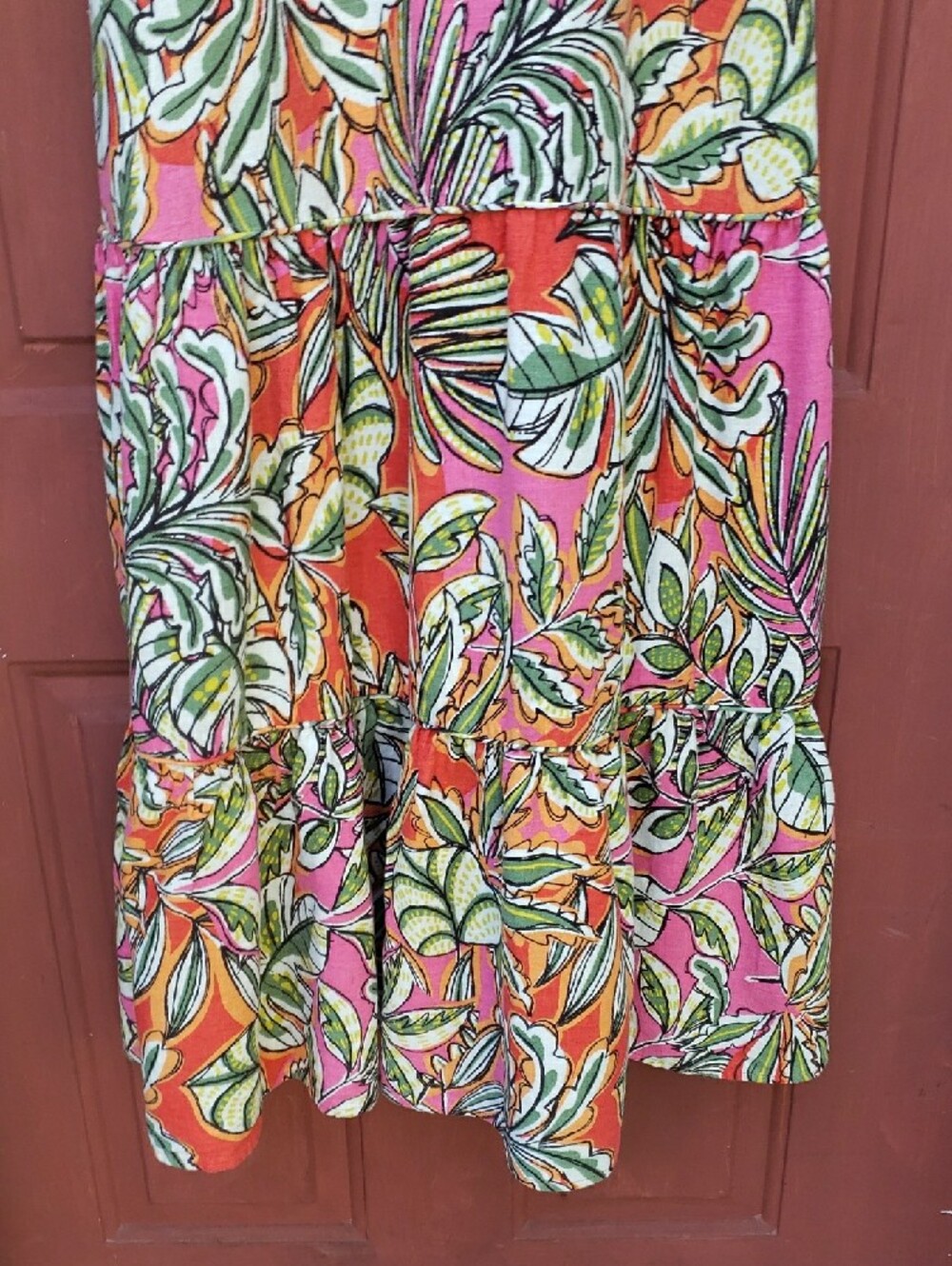 C&C California Pink & Orange Tropical Print Maxi Tiered Linen Blend Dress- L - Picture 12 of 13